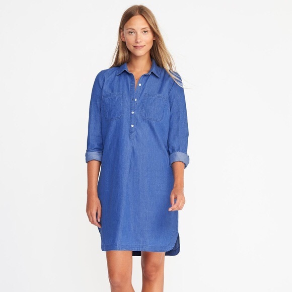Long Sleeve Chambray Denim Dress 